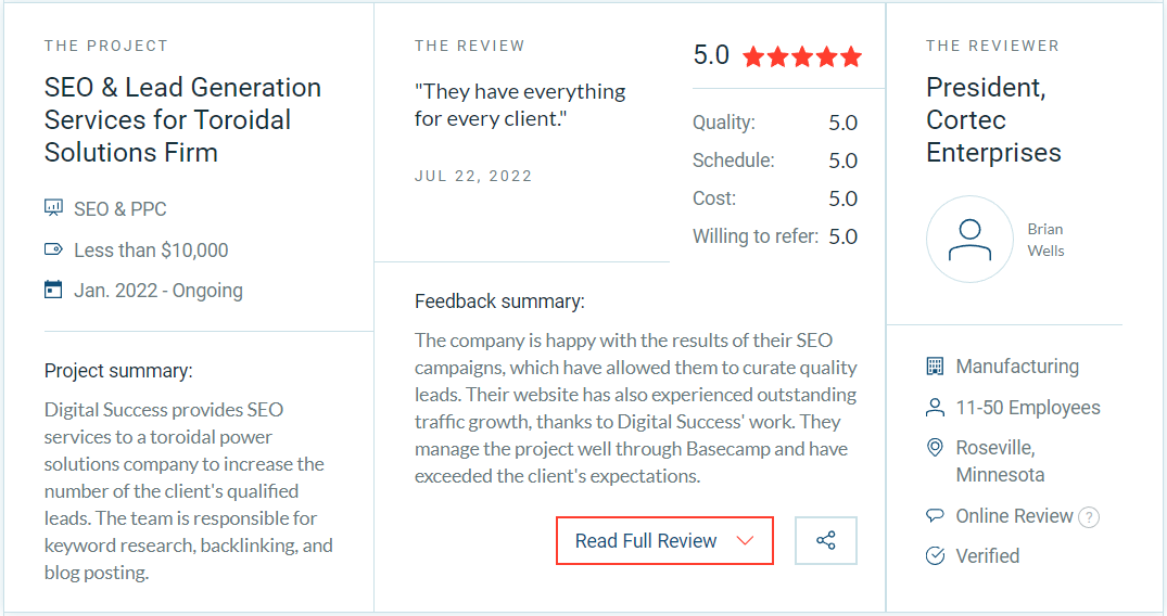 SEO review on Clutch - Digital Success