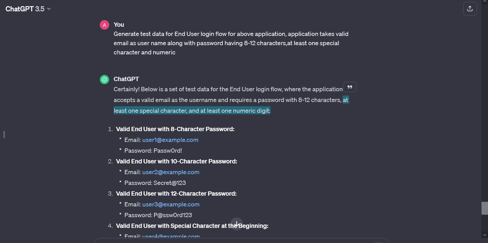 Generate Test Data for application login by user